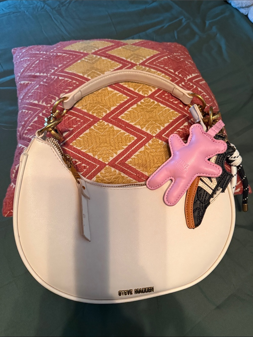Steve Madden Cream Crescent Shoulder Bag with Pink Charm